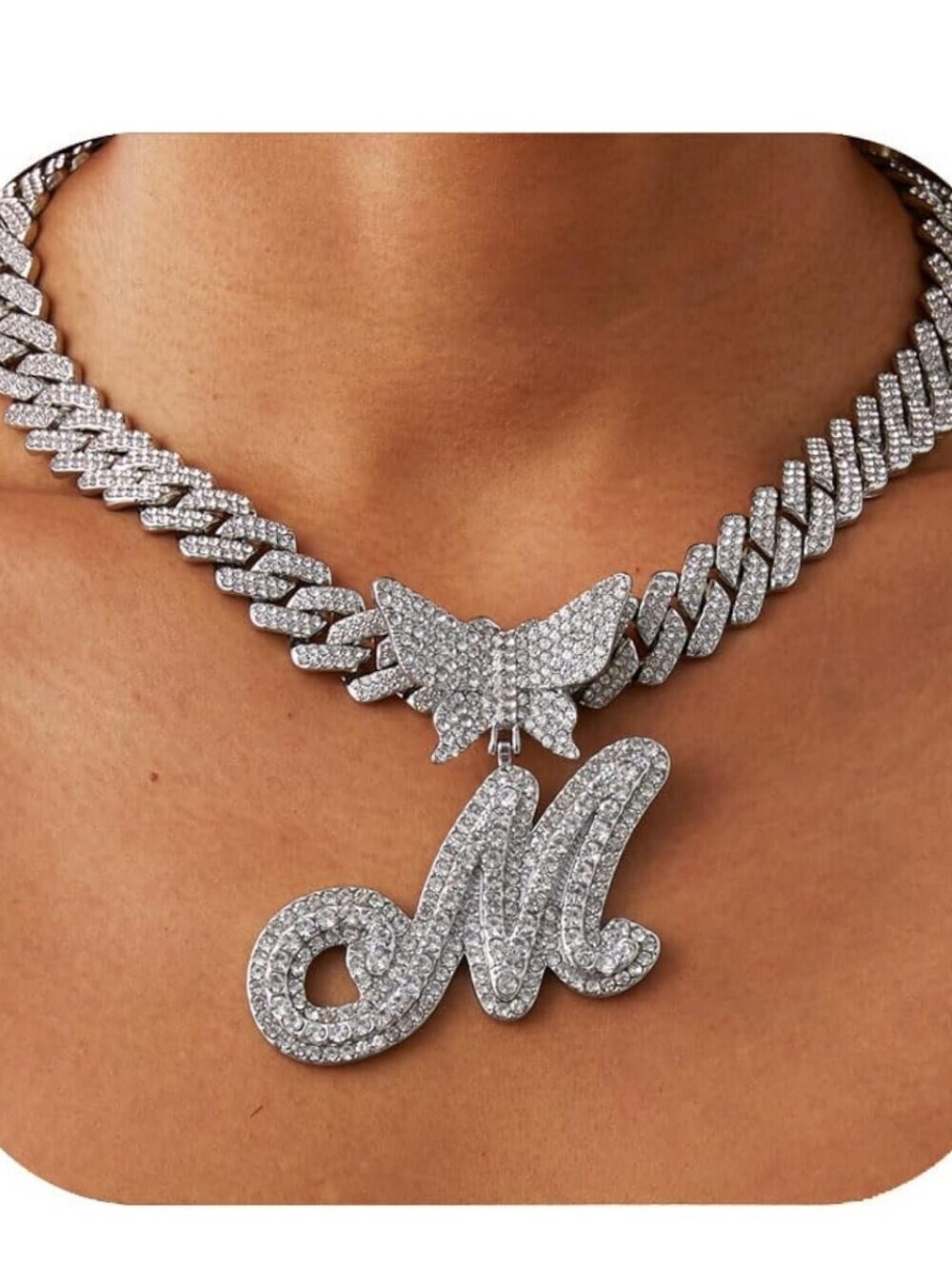 Silver Pavé Cuban Link Necklace with Diamond Butterfly and Letter Pendant